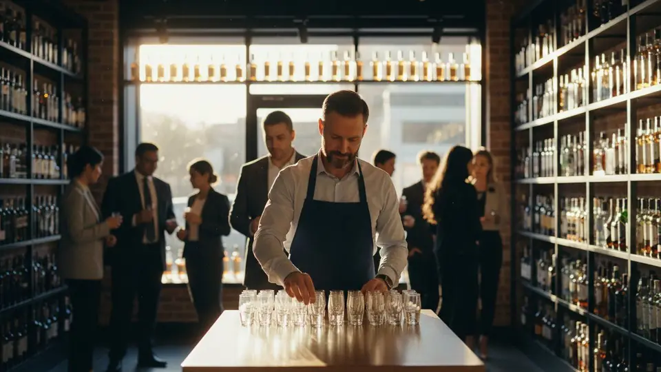 A confident Brand Ambassador in professional attire welcoming customers at a tasting table in a premium liquor store