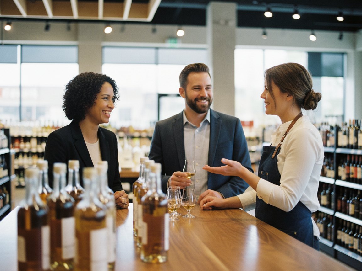A tasting ambassador arranging bottles and tasting cups on a professional table in a liquor store aisle