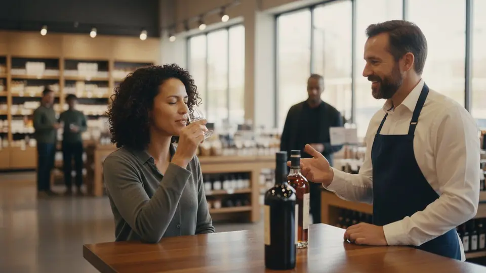 A Brand Ambassador presenting a featured product to customers at a branded tasting table in a premium liquor store
