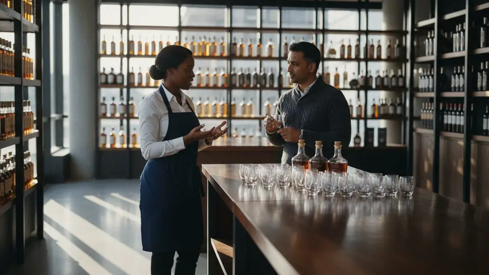 A professional Brand Ambassador welcoming a customer at an elegant tasting table in a bright liquor store