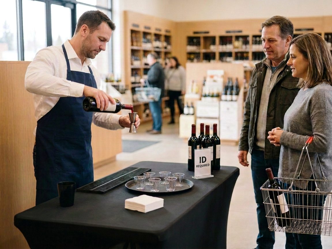 A certified Brand Ambassador measuring a red wine tasting into a stainless steel jigger over a bar mat at a black-covered sampling station in a liquor store, with a tray of empty sampling cups, napkins, an ID Required sign, four bottles of the featured wine ready to buy, and a standing couple with a basket watching