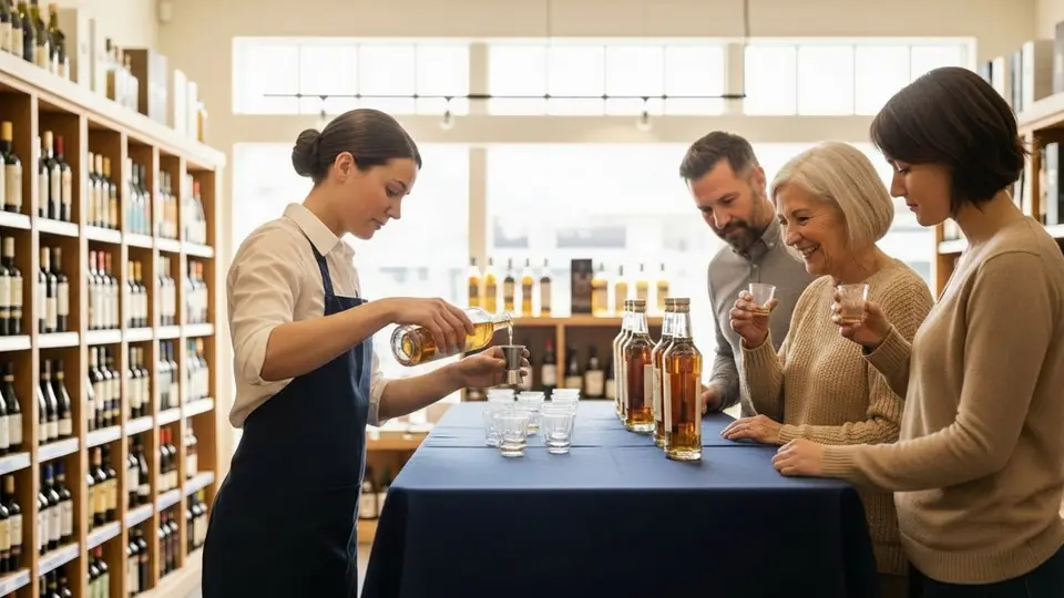 A professional Brand Ambassador measuring a tasting with a jigger for a group of customers at an elegant tasting table inside a bright private liquor store